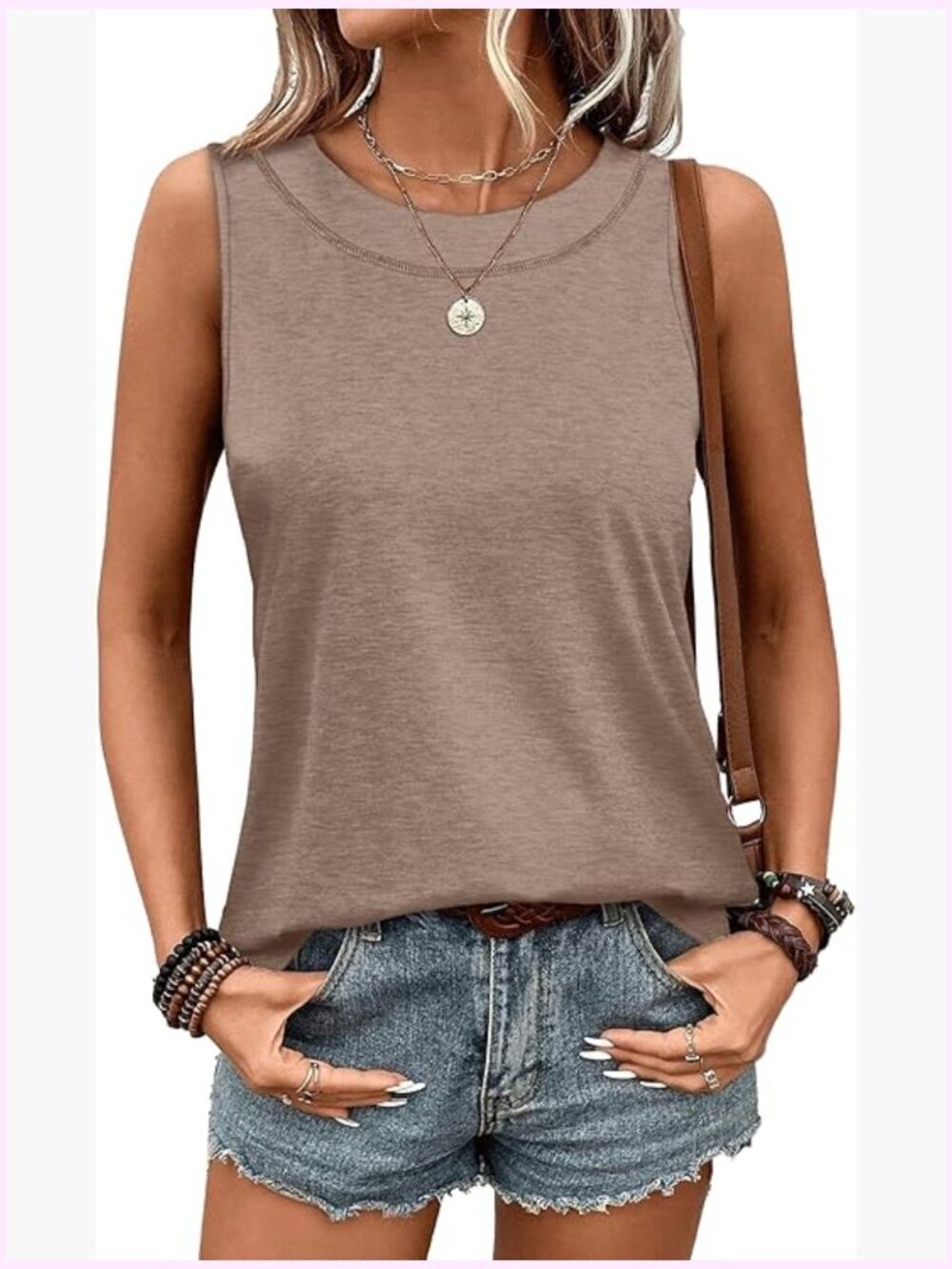 Women's Crewneck Sleeveless Tank Top Curved Hem Blouse Summer Outfit